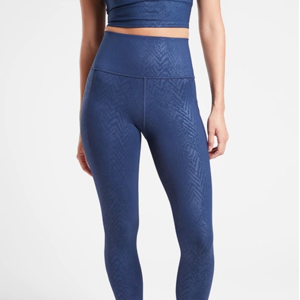 Athleta Salutation Stash Pocket II Embossed Tight in Medusa Enchanted Blue.